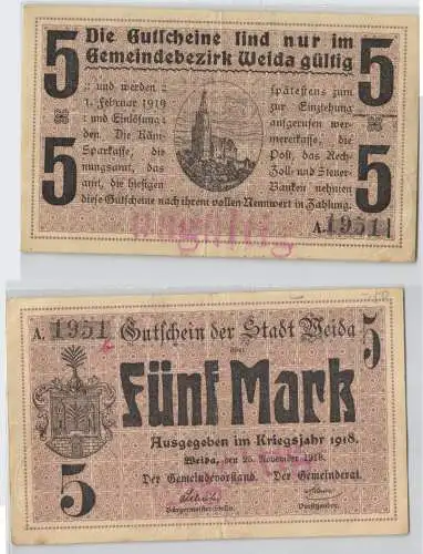 5 Mark Banknote Notgeld Stadt Weida  25.November 1918 (129618)