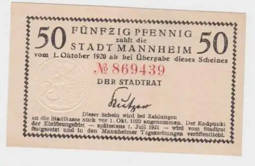 50 Pfennig Banknote Notgeld Stadt Mannheim 1.10.1920 (140168)