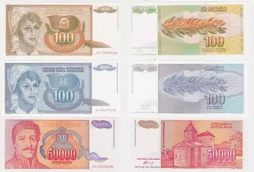 2x100 + 50.000 Dinar Banknote Jugoslawien 1990-94 kassenfrisch (123560)