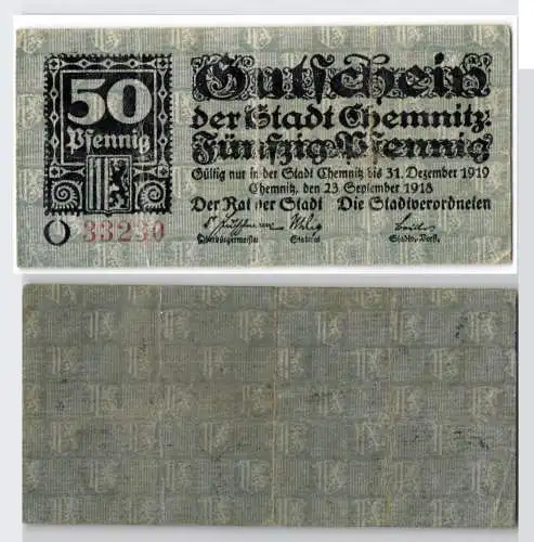 50 Pfennig Banknote Notgeld Stadt Chemnitz 23.September 1918  (129343)