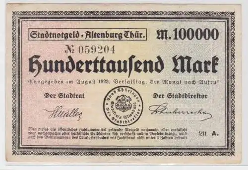 100000 Mark Banknote Inflation Stadt Altenburg August 1923 (118697)