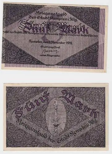 5 Mark Banknote Kriegsnotgeld Stadt Kempten 1.11.1918 Fehldruck (130526)