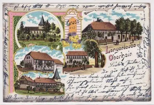 02474 Ak Lithographie Gruß aus Langenleuba Oberhain Post, Schule usw. 1908