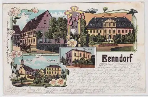 49262 Ak Lithographie Benndorf Gasthof, Schloß, Kirche, Schule 1908