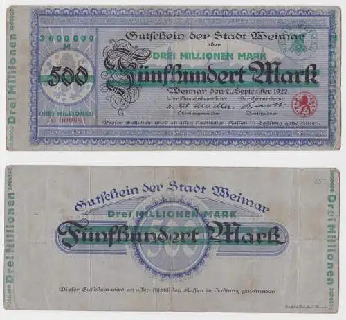 3 Millionen Mark Banknote Stadt Weimar Überdruck auf 500 Mark 21.9.1922 (158156)