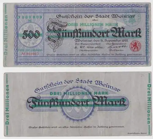 3 Millionen Mark Banknote Stadt Weimar Überdruck auf 500 Mark 21.9.1922 (158116)