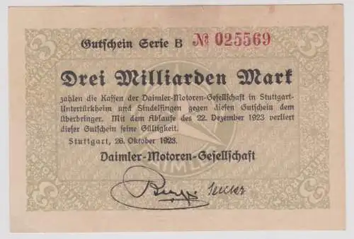 3 Milliarden Mark Banknote Inflation Stuttgart Daimler Motoren Ges.1923 (156886)