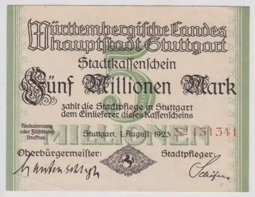 5 Millionen Mark Banknote Inflation Landeshauptstadt Stuttgart 1.8.1923 (156534)