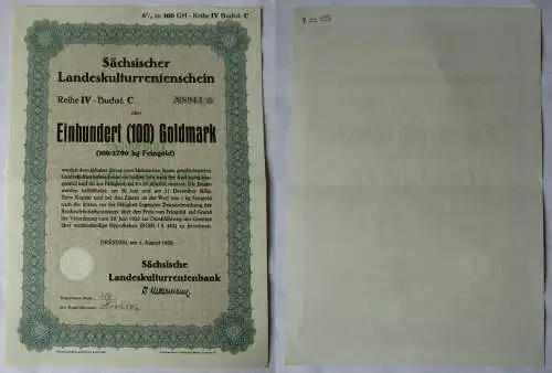 100 Goldmark Rentenschein Landeskulturrentenbank Sachsen Dresden 1928 (157167)