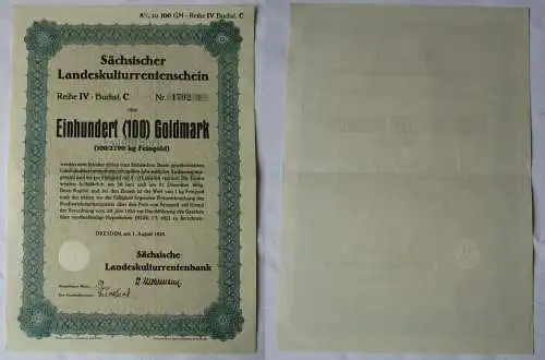100 Goldmark Rentenschein Landeskulturrentenbank Sachsen Dresden 1928 (157125)