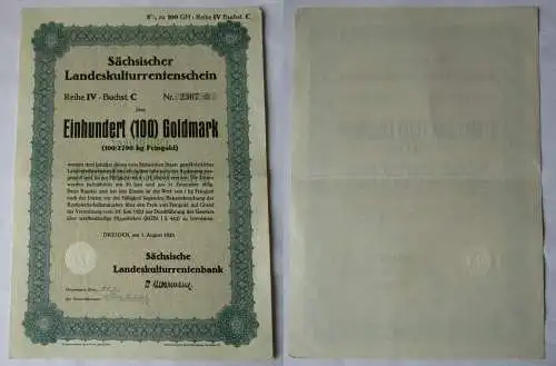 100 Goldmark Rentenschein Landeskulturrentenbank Sachsen Dresden 1928 (157126)