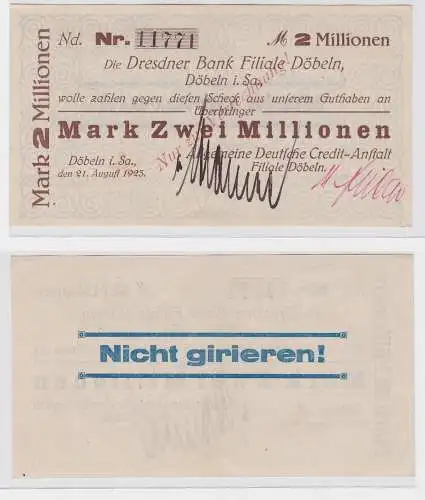2 Millionen Mark Banknote allg.dt.Credit Anstalt Döbeln 21.August 1923 (121477)