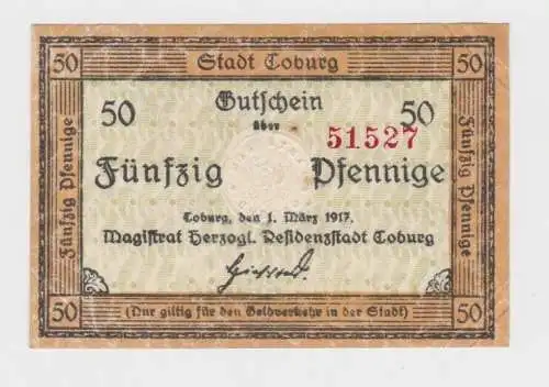 50 Pfennig Banknoten Notgeld Stadt Coburg 1. März 1917 (132929)