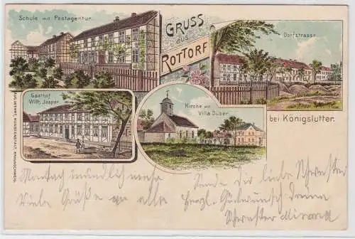 99340 AK Gruss aus Rottorf - Schule, Gasthof W. Jasper, Kirche, Villa Düber 1907