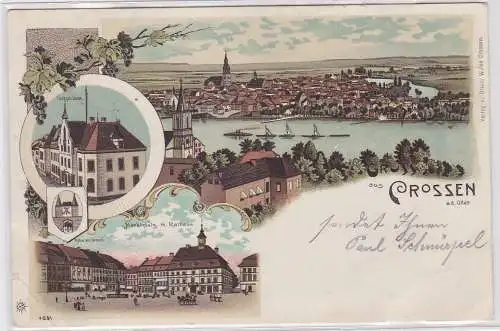 89272 Ak Lithographie Gruß aus Crossen an der Oder Post, Hotel usw. 1902