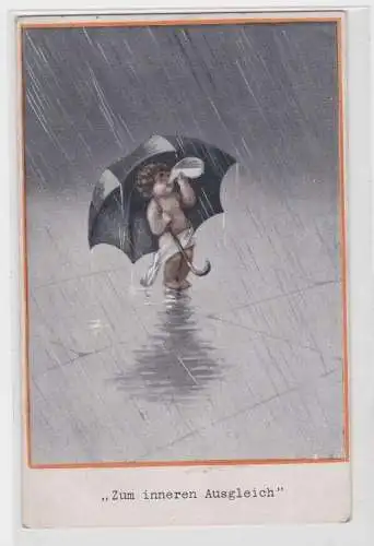 17004 Humor Ak "Zum inneren Ausgleich" Kind mit Regenschirm um 1920