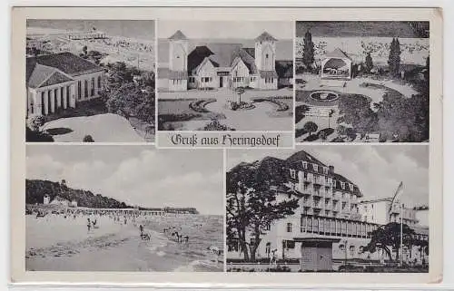 93635 AK Gruß aus Heringsdorf - Seebrücke, Seebühne, Strand, Hotel, Kurhaus 1950