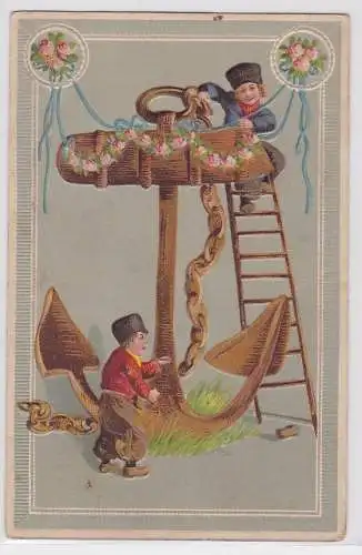 91305 Künstler AK 2 Arbeiter mit Leiter an einem geschmücktem Anker 1911