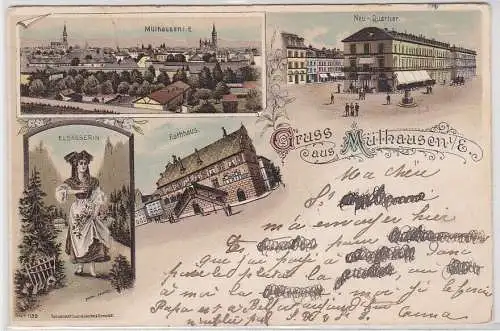 60449 Ak Lithographie Gruß aus Mülhausen im Elsass Neu Quartier usw. 1898