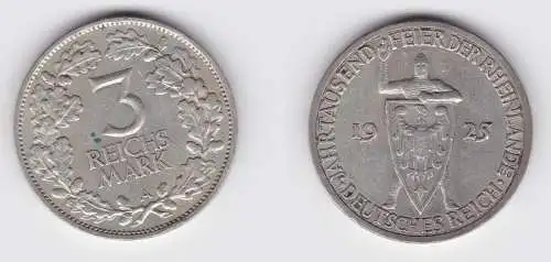 3 Mark Silber Münze 1000 Feier der Rheinlande 1925 A ss+ (156074)