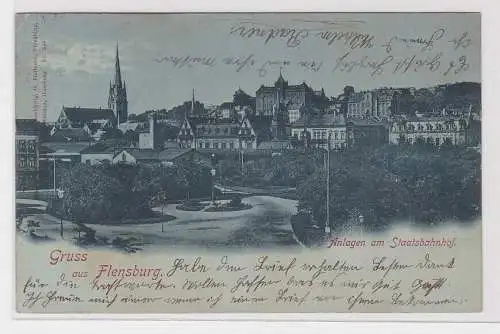 908095 Mondschein Ak Gruss aus Flensburg - Anlagen am Staatsbahnhof 1898