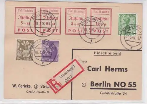 907558 Lokalausgabe Strausberg Viererblock Mi 34-37 R-Zettel Einschreiben 1946