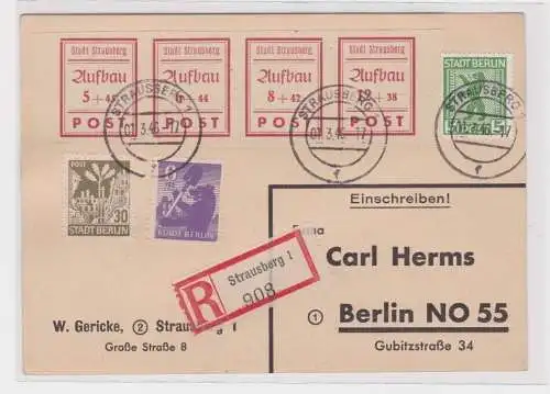 907557 Lokalausgabe Strausberg Viererblock Mi 34-37 R-Zettel Einschreiben 1946