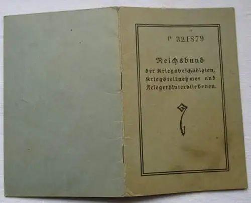 Mitgliedsbuch Reichsbund der Kriegsbeschädigten, Kriegsteilnehmer Berlin /144843