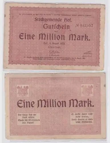 1 Million Mark Banknote Inflation Stadtgemeinde Hof 6.August 1923 (121743)