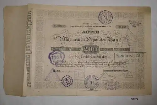 200 Gulden Aktie Allgemeine Depositen Bank Wien 1. Juni 1874 (126878)