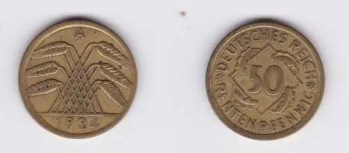 50 Rentenpfennig Messing Münze Weimarer Republik 1924 A Jäger 310 (124306)