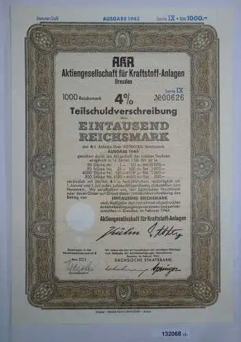 1000 Mark Aktie AKA AG für Kraftstoff Anlagen Dresden Februar 1943 (132068)