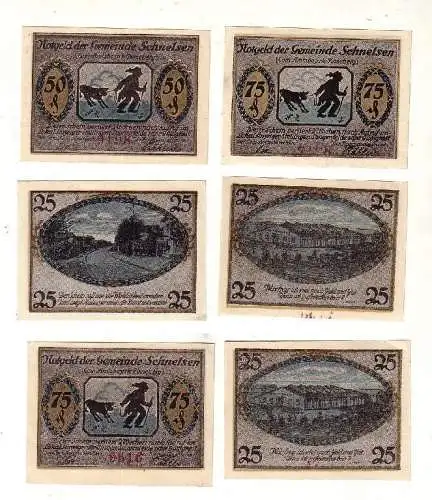 6 Banknoten 2x 25, 2x 50, 2x 75 Pfennig Notgeld Gemeinde Schnelsen o.D. (116634)
