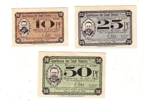 3 Banknoten 10, 25, 50 Pfennig Notgeld Stadt Dömitz 1921 (111222)