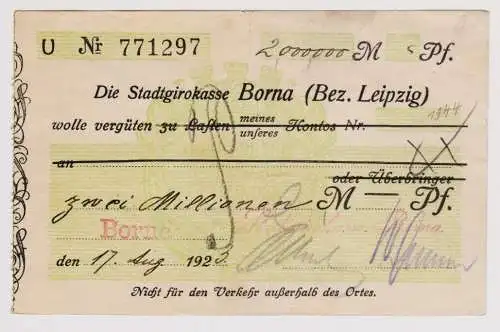 Firmenscheck 2 Millionen Mark Banknote Stadtgirokasse Borna 17.08.1923 (120366)