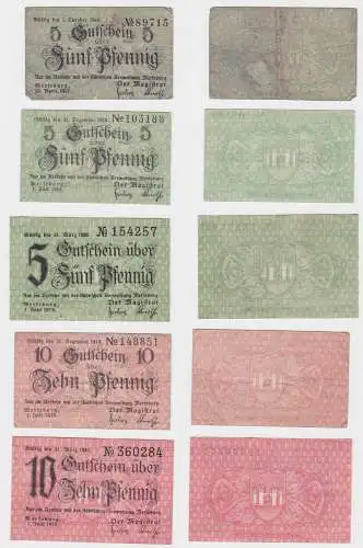 3 x 5 & 2 x 10 Pfennig Banknoten Notgeld Stadt Merseburg 1917/1919 (133175)