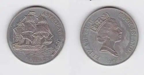 5 Dollar Silbermünze Cook Inseln 1992 Segelschiff Astrolabe (130213)