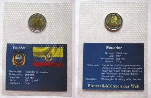 Bi-Metall Münze 100 Sucres Ecuador 1997 in TOP Erhaltung im Blister (122195)