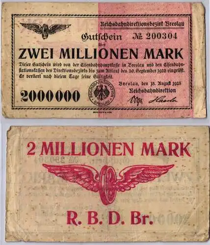 2 Millionen Mark Banknote Reichsbahndirektion Breslau 15.08.1923 (109839)