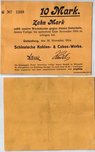 10 Mark Banknote Gotteberg Schlesische Kohlen- & Cokes Werke 16.11.1914 (120358)