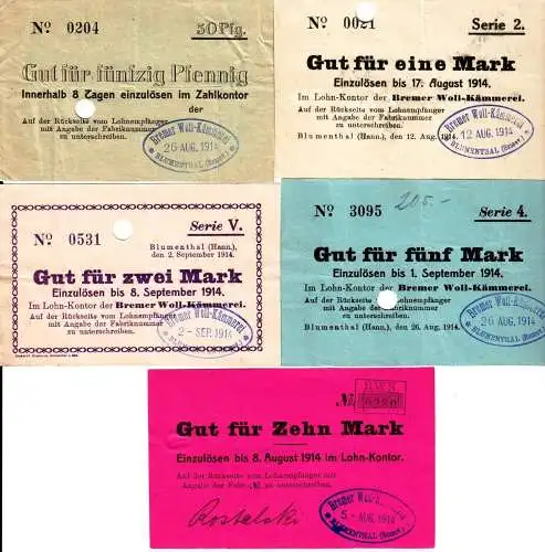 5 Banknoten Lohnschecks Bremer Wollkämmerei Blumenthal 1914 (111667)