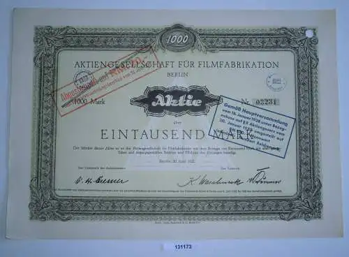 1000 Mark Aktie AG für Filmfabrikation Berlin 20. April 1921 (131173)