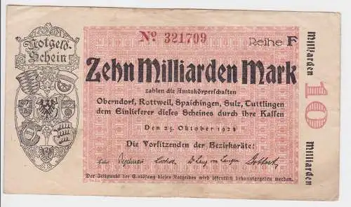 10 Mrd. Mark Inflation Banknote Stadtgemeinde Oberndorf usw. 25.10.1923 (129426)