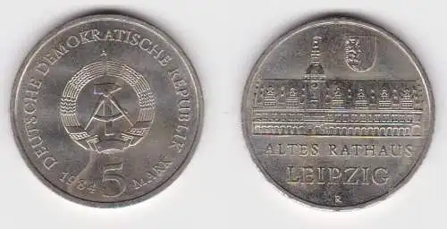 DDR Gedenk Münze 5 Mark Leipzig Altes Rathaus 1984 Stempelglanz (140547)