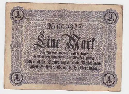 1 Mark Banknote Maschinenfabrik Büttner GmbH Uerdingen um 1920 (130115)