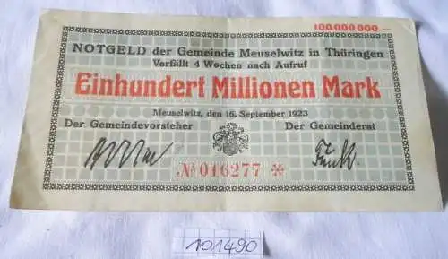 seltene Banknote 100 Millionen Mark Gemeinde Meuselwitz Thüringen 1923 (101490)
