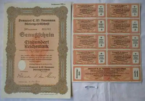 100 RM Genußschein Brauerei C.W. Naumann AG Leipzig-Plagwitz 18.10.1933 (140532)