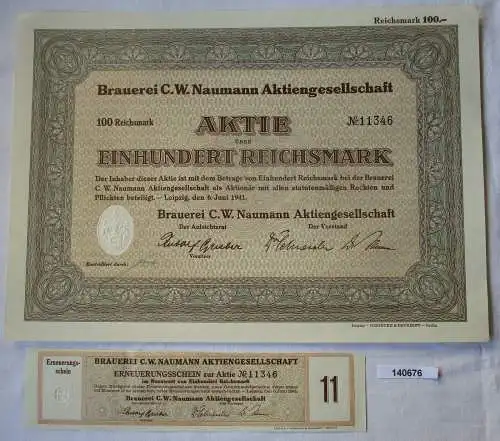 100 Reichsmark Aktie Brauerei C.W. Naumann AG Leipzig 6.Juni 1941 (140676)