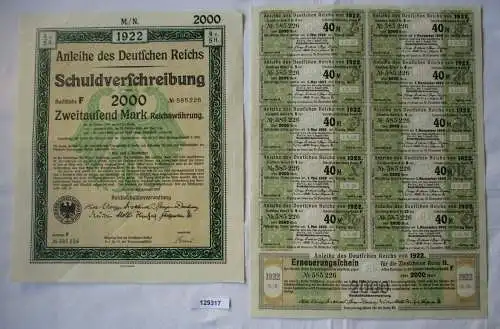 2000 Mark Aktie Schuldenverschreibung deutsches Reich Berlin 01.08.1922 (129317)
