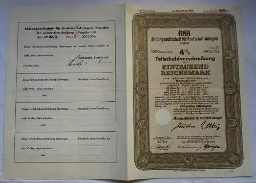 1000 Mark Aktie AKA AG für Kraftstoff-Anlagen Dresden November 1941 (125320)